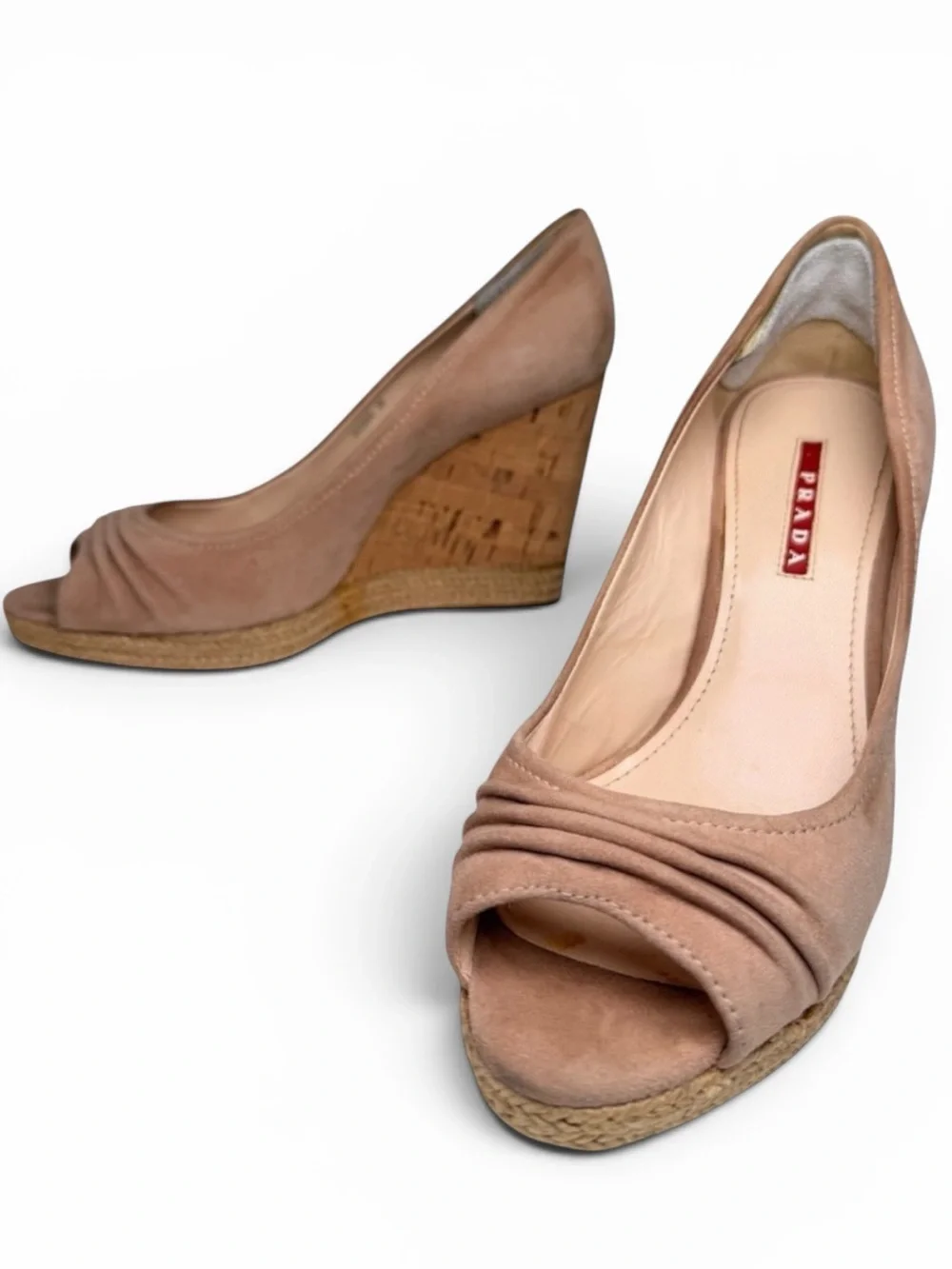 Authentic Prada 3KZ033 Nude Suede Cork Espadrille Wedge‎ Heels EU 38 US 7.5 8